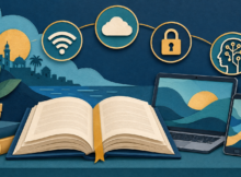 Paper-cut illustration of an open dictionary, laptop, and smartphone with Wi-Fi, cloud, security, and AI symbols