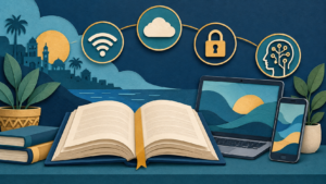 Paper-cut illustration of an open dictionary, laptop, and smartphone with Wi-Fi, cloud, security, and AI symbols