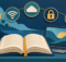 Paper-cut illustration of an open dictionary, laptop, and smartphone with Wi-Fi, cloud, security, and AI symbols