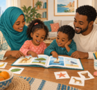 Illustration of Somali parents and two children sharing a picture book at home.