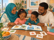 Illustration of Somali parents and two children sharing a picture book at home.