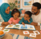 Illustration of Somali parents and two children sharing a picture book at home.