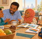 Illustration of a Somali parent and two children talking around a table while their grandmother joins by video call.