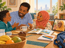 Illustration of a Somali parent and two children talking around a table while their grandmother joins by video call.