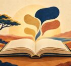 Illustration of an open book, acacia tree, and camel for a Somali proverbs quiz