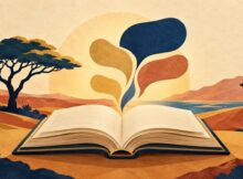 Illustration of an open book, acacia tree, and camel for a Somali proverbs quiz