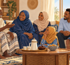 Somali grandparents, parents, and children sharing a conversation at home