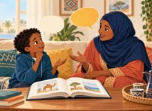 Somali mother and child practise asking questions together beside an open book