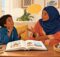 Somali mother and child practise asking questions together beside an open book